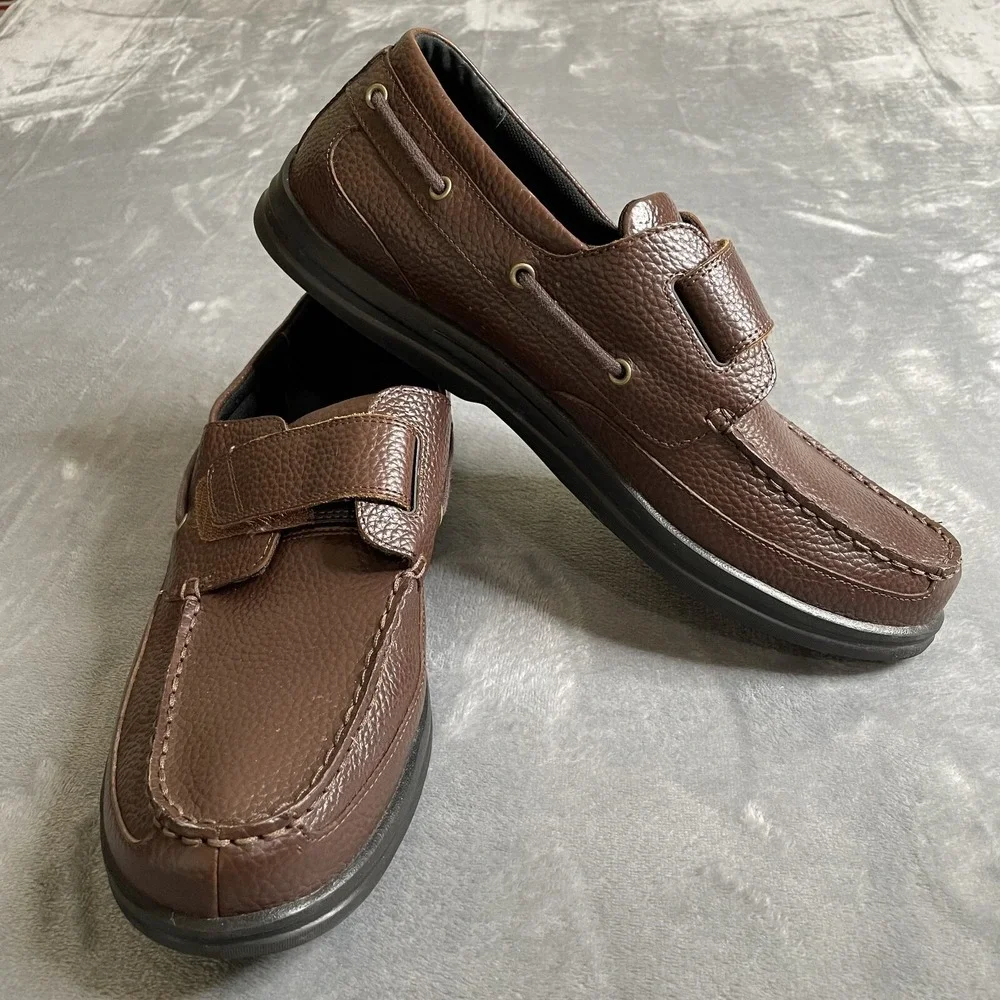Apex A2100M Mens‎ Comfort Boat Shoe US 15 Med Brown Leather Hook & Loop Diabetic